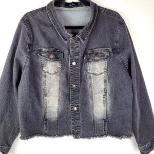 Denim Jacket Distressed  Raw Edge Hem V Neck Collar Black Size 3X